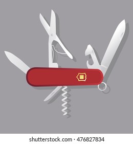 Red Swiss knife, red multi-tool, multipurpose penknife isolated vector; Multifunctional tool