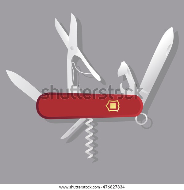 Red Swiss knife, red multi-tool,\
multipurpose penknife isolated vector; Multifunctional\
tool