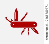 Red swiss knife silhouette. Pocket knife vector illustration isolated. Multi tool icon.