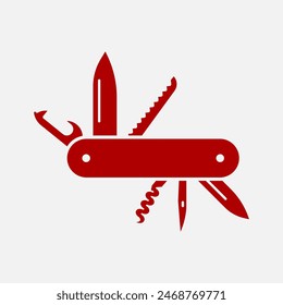 Red swiss knife silhouette. Pocket knife vector illustration isolated. Multi tool icon.