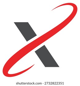 Red swoosh symbol with two grey rectangles crossed over abstract graphic design element icon