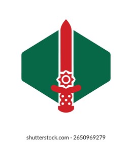 Rood zwaard embleem met ster stippen in een groene zeshoek vorm op een vector