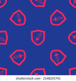 Red Sword for game icon isolated seamless pattern on blue background.  Vector