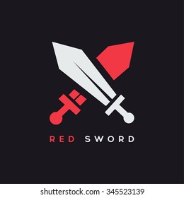 Red Sword logo design template. Crossed swords logo. Graphic symbol for corporate business identity. Creative abstract guard justice logotype. Vector element