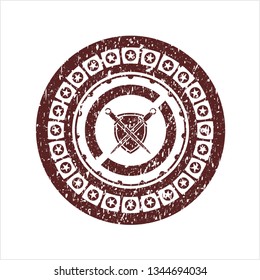 Red swords crossed with shield icon inside distressed grunge seal