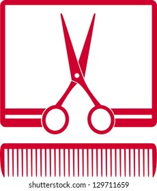 red symbol with scissors and comb in frame on white background