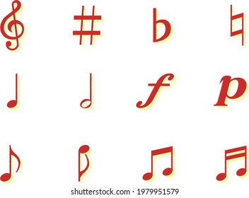 Red symbol set of various music