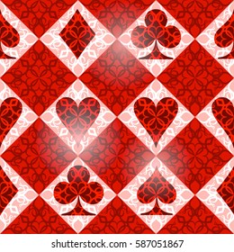 Red symbols of playing cards. Seamless pattern. Vector illustration.