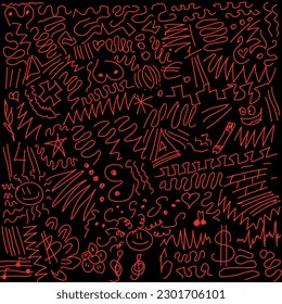 símbolos rojos garabateados sobre un fondo negro, corazones, emoticonos, zigzag, olas, notas, euro, dólar

