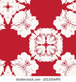 Rotes symmetrisches florales nahtloses Musterdesign für Modetextilien und Grafiken