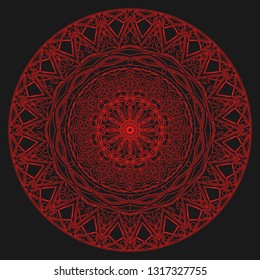 Red symmetric ornament on black background.