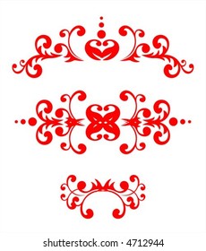 Red symmetric patterns from curls on a white background.