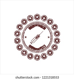 Red syringe icon inside distressed rubber stamp with grunge texture
