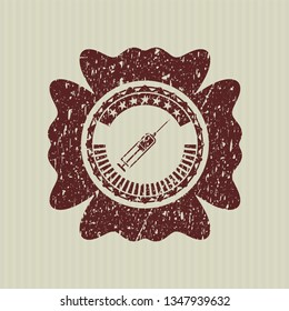 Red syringe icon inside distressed rubber grunge stamp