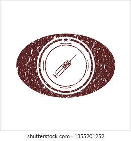 Red syringe icon inside distressed grunge style stamp