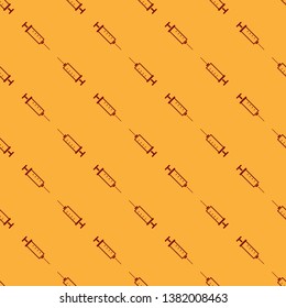Red Syringe icon isolated seamless pattern on brown background. Syringe for vaccine, vaccination, injection, flu shot. Medical equipment. Vector Illustration
