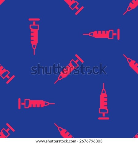 Red Syringe icon isolated seamless pattern on blue background. Syringe for vaccine, vaccination, injection, flu shot. Medical equipment.  Vector