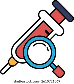A red syringe with a magnifying glass on top of it. The syringe is being used to inject something into a person
