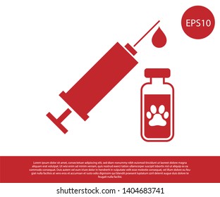 Red Syringe with pet vaccine icon isolated on white background. Dog or cat paw print. Vector Illustration