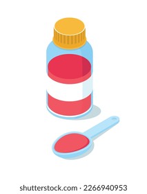Red syrup bottle. Glass jar and plastic spoon with red liquid for treatment of illnesses and colds. Medical support, pharmaceuticals. Cartoon isometric vector illustration