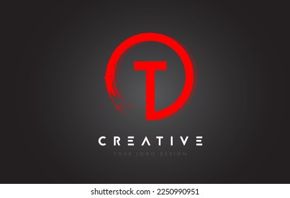 Red T Circular Letter Logo with Circle Brush Design and Black Background.