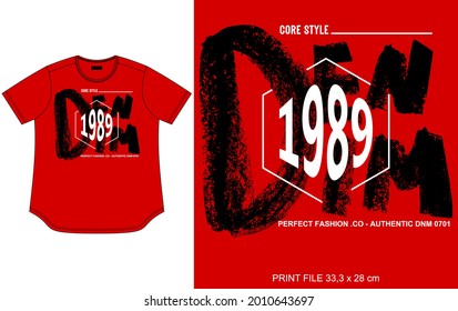 red t shirt design, with brush text print, denim 1989, clothing apparel for print.