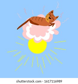 A red, tabby cat basks in the cloud from the sun. Sunny days.  Fairytale, hand-drawn character. A series about a cat predicting the weather.