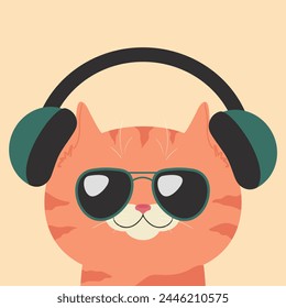 Red tabby cat in headphones wearing sunglasses. Ginger cat listening to music. Cute cartoon character. Vector illustration