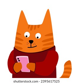 Un gato de tabby rojo en una manguera roja lee un mensaje en un smartphone. Carácter cómico. Imagen vectorial para impresiones, afiches o ilustraciones.