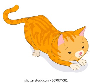 red tabby little cat in catching pose. cartoon vector illustration