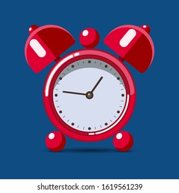 Red table alarm clock with shadow isolated on trend blue background. Flat design style. Vector illustration. 