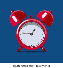 Red table alarm clock with shadow isolated on trend blue background. Flat design style. Vector illustration. 