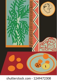 The red table in the black room. 