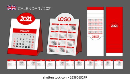 Red table calendar 2021. For laser cutting, die cut. An unusual, interesting form of the calendar. Cards by month. Company logo on the calendar. English language