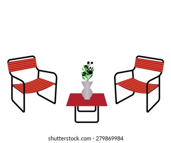 Red table and chairs with flower vase isolated on white background.