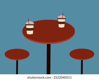 Red table and chairs with two cups of coffee. Drinks, cafe, restaurant. Vector illustration