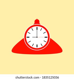 Red table clock with alarm and white dial. Watch dial with hour and minute hands. Alarm time. Minute and hour. Second. Morning rise. Timezone. Wake up in the morning. Reminder. Vector. Background.