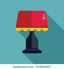 Red table lamp casting long shadow on turquoise background, in flat design style