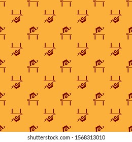 Red Table saw for woodwork icon isolated seamless pattern on brown background. Power saw bench.  Vector Illustration