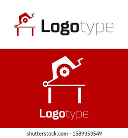 Red Table saw for woodwork icon isolated on white background. Power saw bench. Logo design template element. Vector Illustration