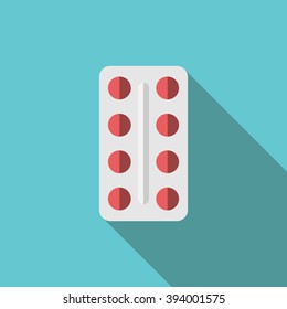 Red tablets in blister package with long shadow on turquoise blue. Flat style icon. Medicine, healthcare, pills, pharmacy, drug, illness concept. EPS 8 vector illustration, no transparency