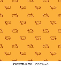 Red Taco with tortilla icon isolated seamless pattern on brown background. Traditional mexican fast food. Vector Illustration