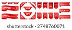 Red tag collection featuring sale and new labels. Includes red scrolls, banners, discount ribbons, shopping tags, and promotional icons.
