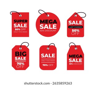 Red tag collection featuring sale and new labels. Includes red scrolls, banners, discount ribbons, shopping tags and promotional icons. Vector illustration.