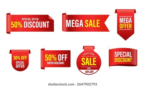 Red tag collection featuring sale and new labels. Includes red scrolls, banners, discount ribbons, shopping tags, and promotional icons.