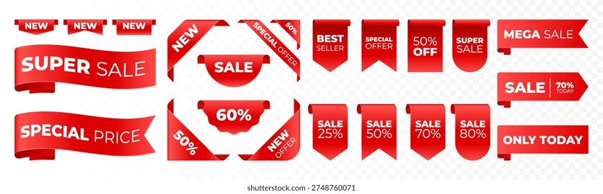 Red tag collection featuring sale and new labels. Includes red scrolls, banners, discount ribbons, shopping tags, and promotional icons.
