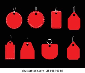 Red Tag Designs with Various Shapes for Labels, Price Tags, and Branding on Black Background