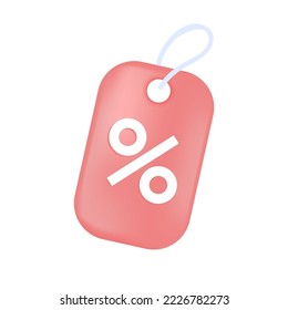Red tag price with percent symbol hanging on rope 3D icon. Coupon for advertising special discounts in store, promotion badge 3D vector illustration on white background. Offer, shop sales concept