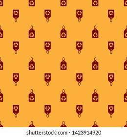Red Tag with recycle symbol icon isolated seamless pattern on brown background. Banner, label, tag, logo, sticker for eco green. Vector Illustration
