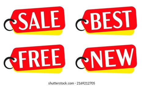 Red tag set. Sale, best, free, new headline on hanging red price tag vector illustration isolated on white background. Design template for online shop website or store in social media